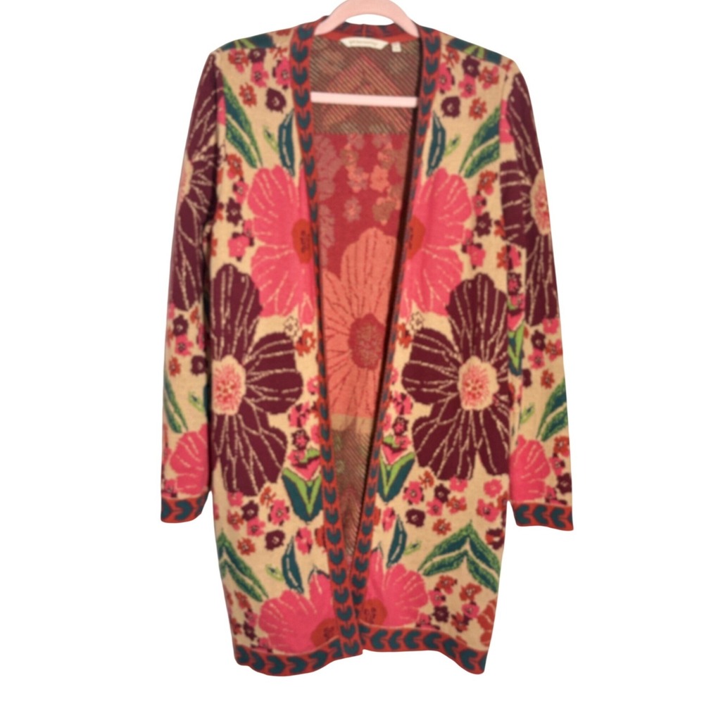 Soft Surroundings Bring On Fall Long Line Open Front Floral Cardigan sz S